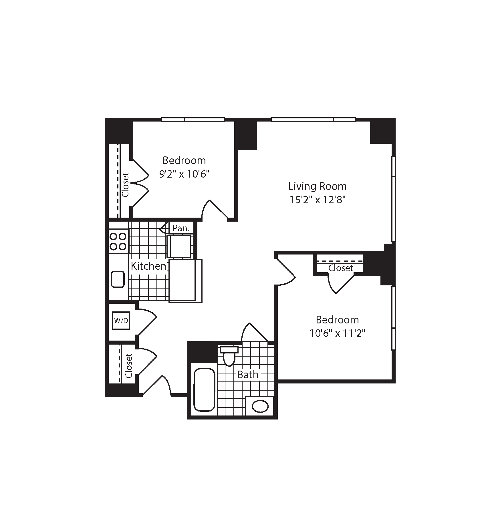 Floor plan for 2 beds, 1 bath, 887 sqft